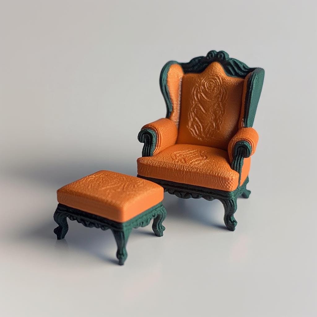 Baroque-style miniature armchair and ottoman set in orange and green for 1:12 scale dollhouse decor.