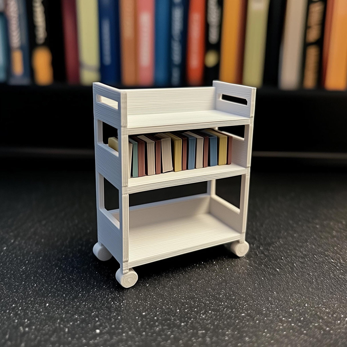 1:12 scale miniature library cart with colorful books on shelves, perfect for dollhouse furniture.