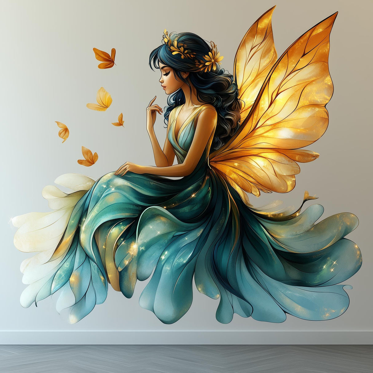 Magical fairy wall decal with glowing butterfly wings and teal dress, adding enchantment to room decor.