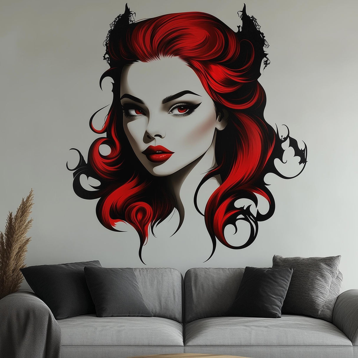 Gothic vampire wall decal of a woman with red hair and bat wings, perfect for dark fantasy decor.