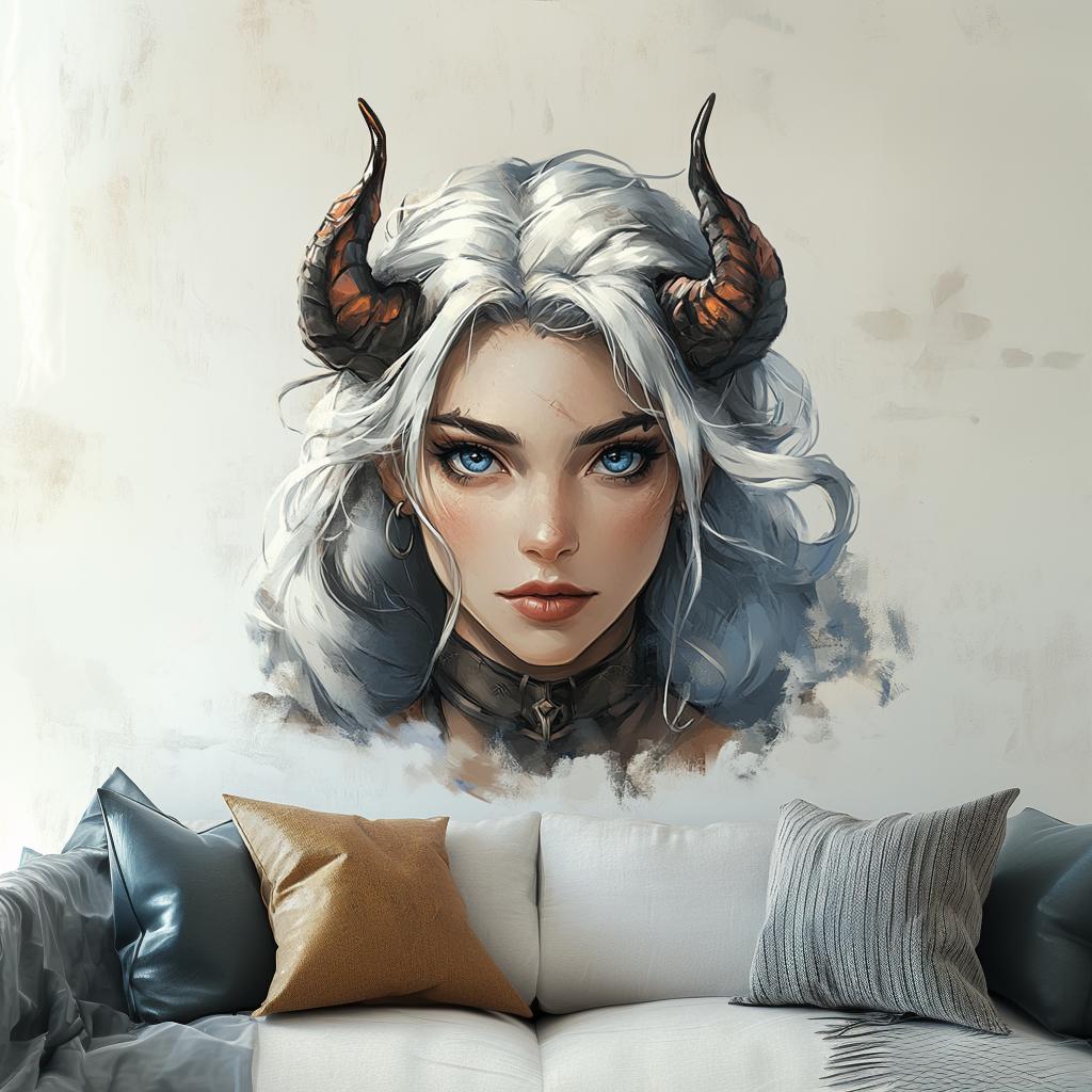Demon girl wall decal featuring an ethereal woman with white hair and curved horns on a textured wall.