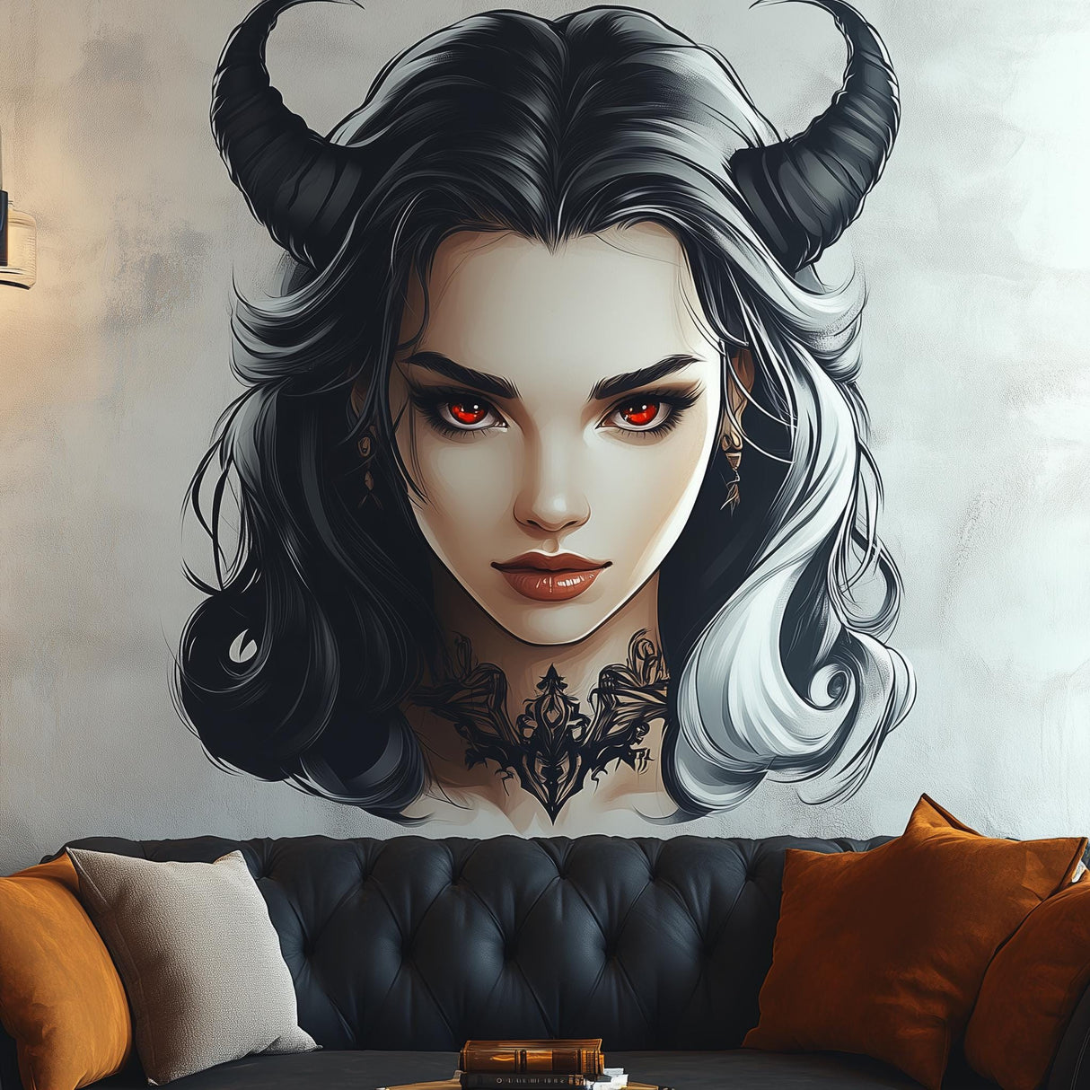 Dark gothic demon woman wall decal featuring horned succubus with red eyes and intricate tattoo, ideal for alternative decor.