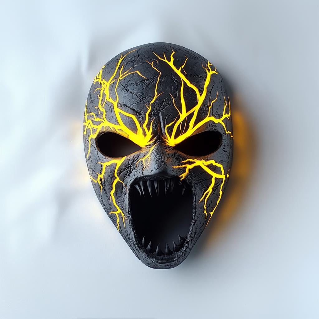 3D-printed horror mask with cracked stone texture and lightning veins, perfect for Halloween and cosplay.