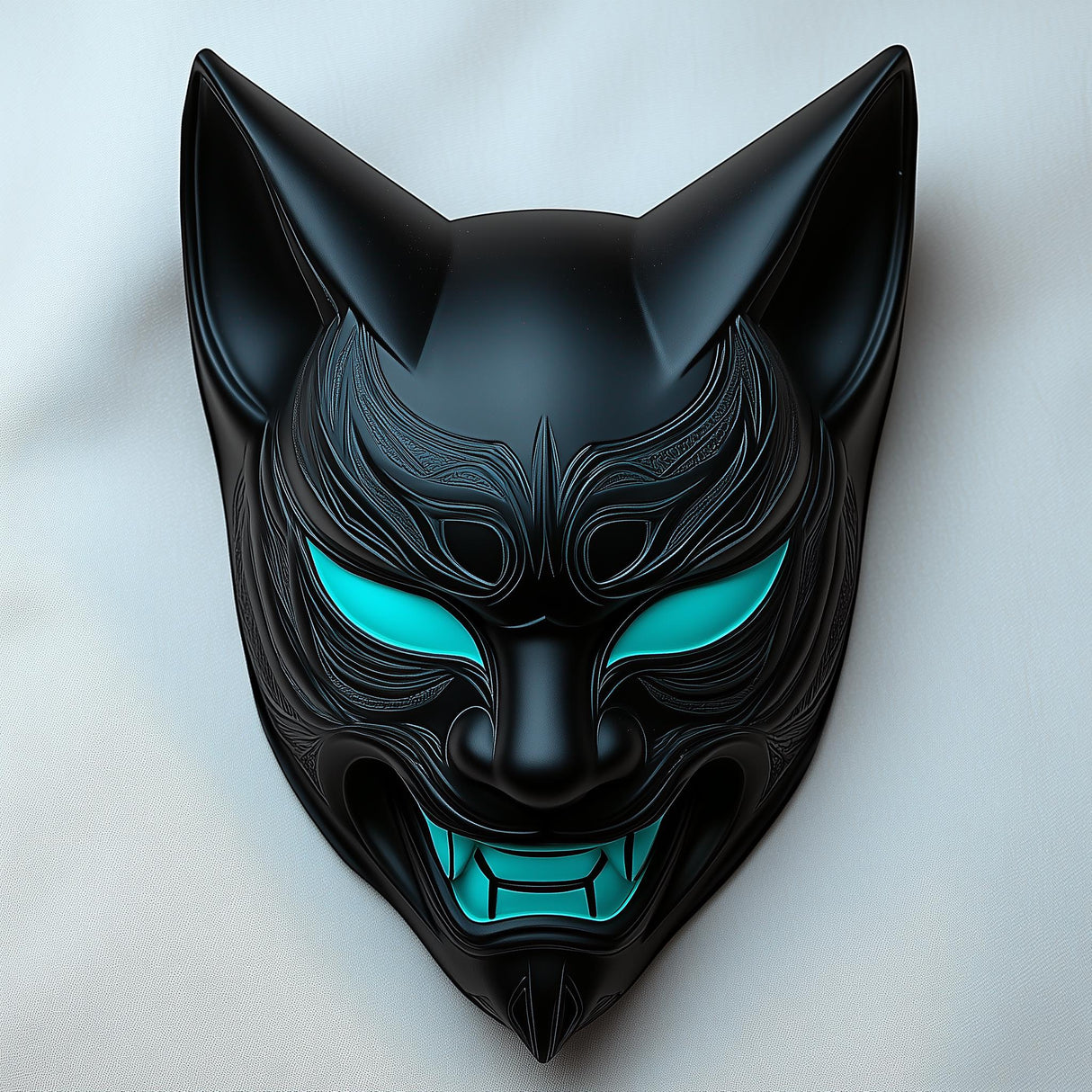 3D-printed black fox mask with teal accents, inspired by Japanese folklore and cyberpunk design.