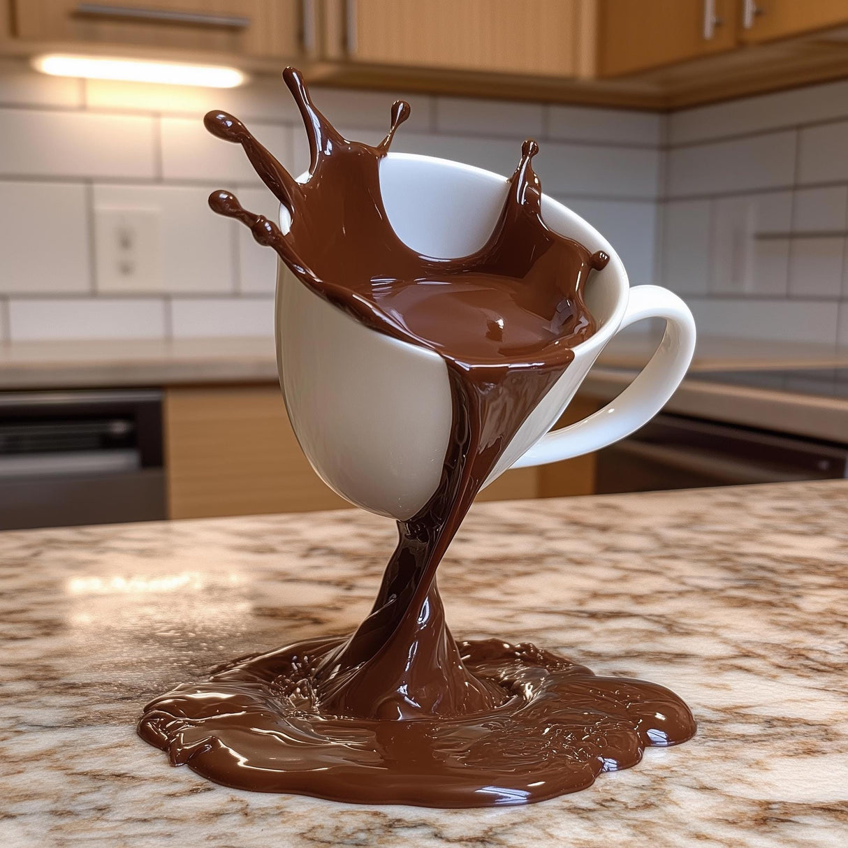 3D printed coffee splash sculpture of a white cup spilling chocolate, perfect desk decor for coffee lovers.