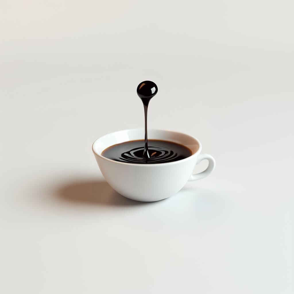 3D printed floating coffee drop sculpture in a white cup, showcasing a mid-splash optical illusion.