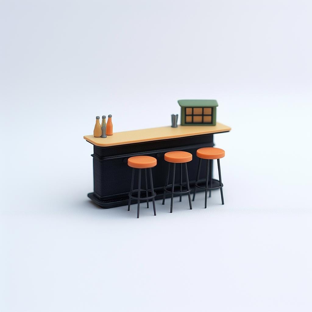 Miniature bar counter set in 1:12 scale with orange stools and bottles, perfect for dollhouse decor or dioramas.