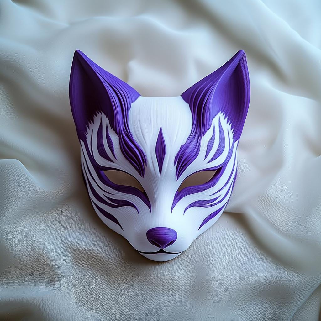 3D printed purple and white Kitsune mask on soft fabric, perfect for cosplay and Japanese festivals.