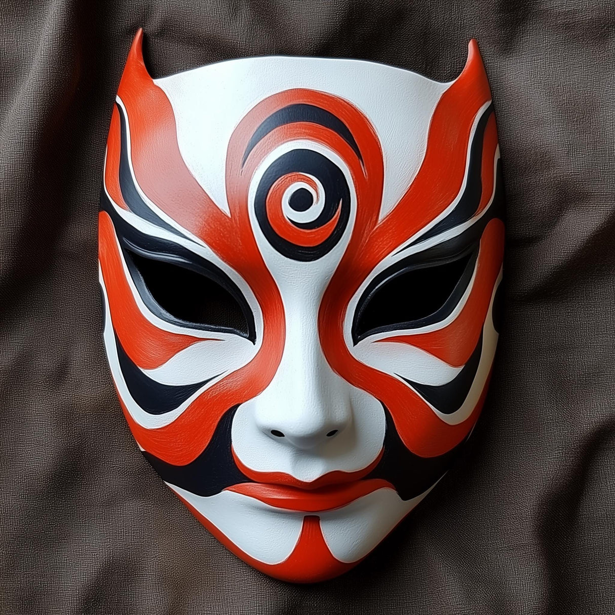 3D-printed Japanese fox warrior mask in red and black design for cosplay and Halloween events.