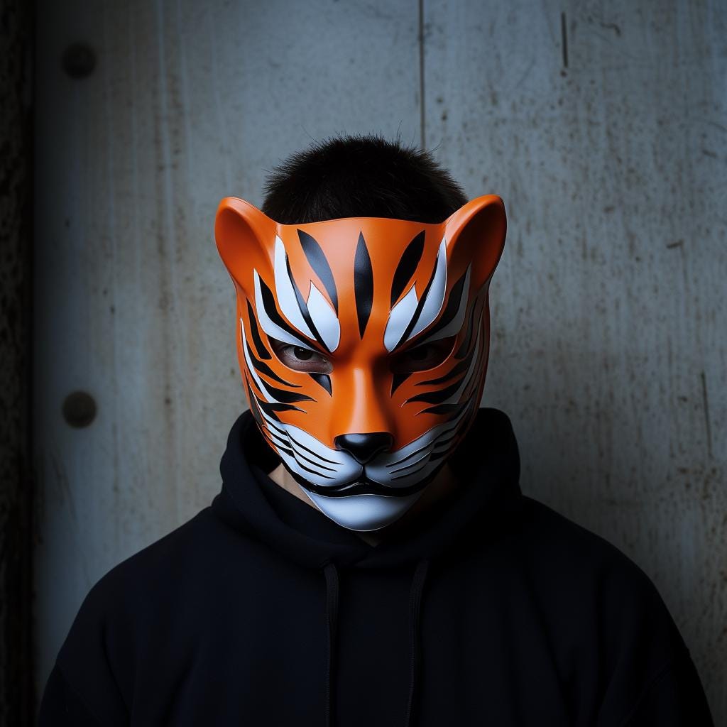3D printed tiger mask worn by a person, inspired by Japanese folklore and anime aesthetics for cosplay and Halloween.