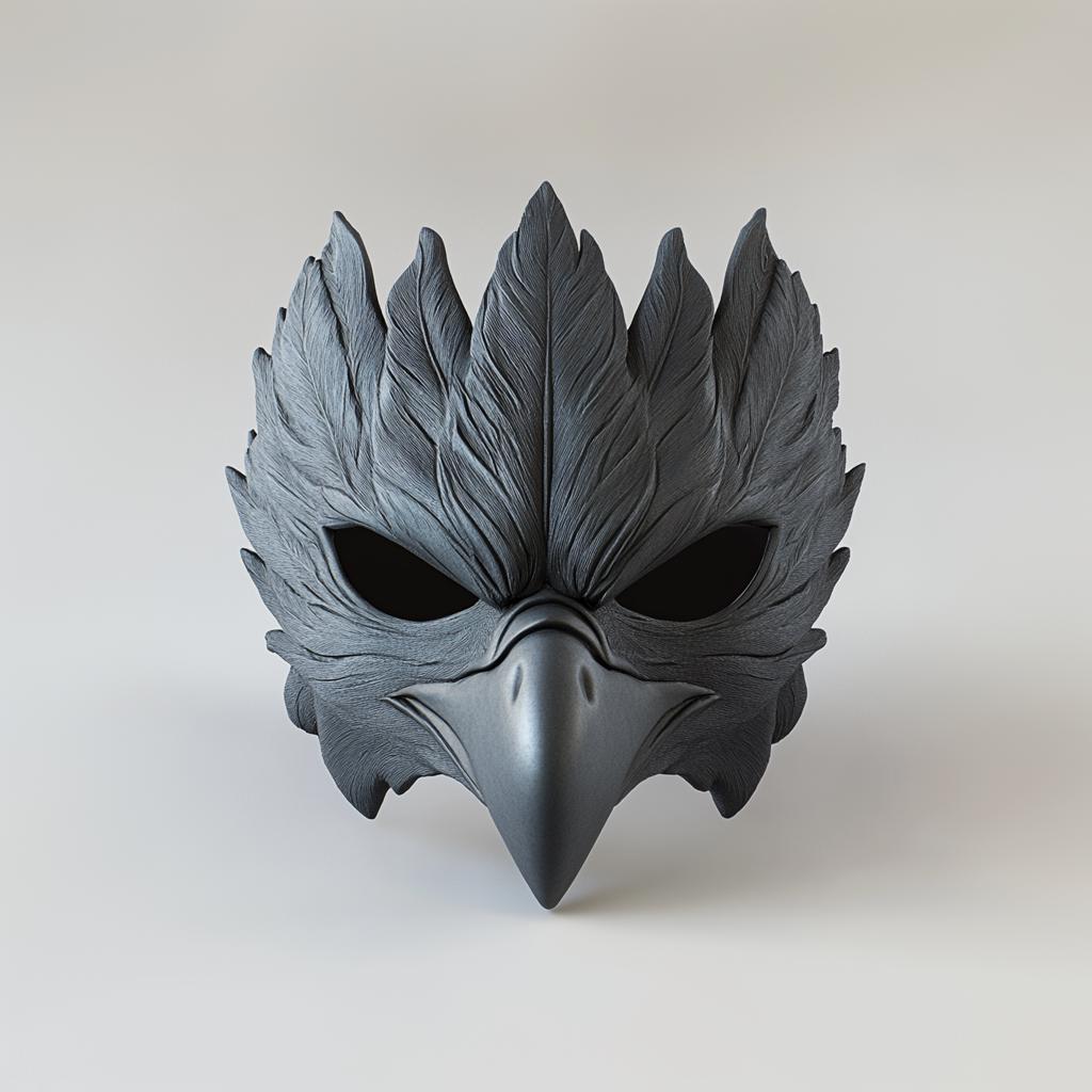 Black raven mask with feathered texture and prominent beak, perfect for cosplay and Halloween events.