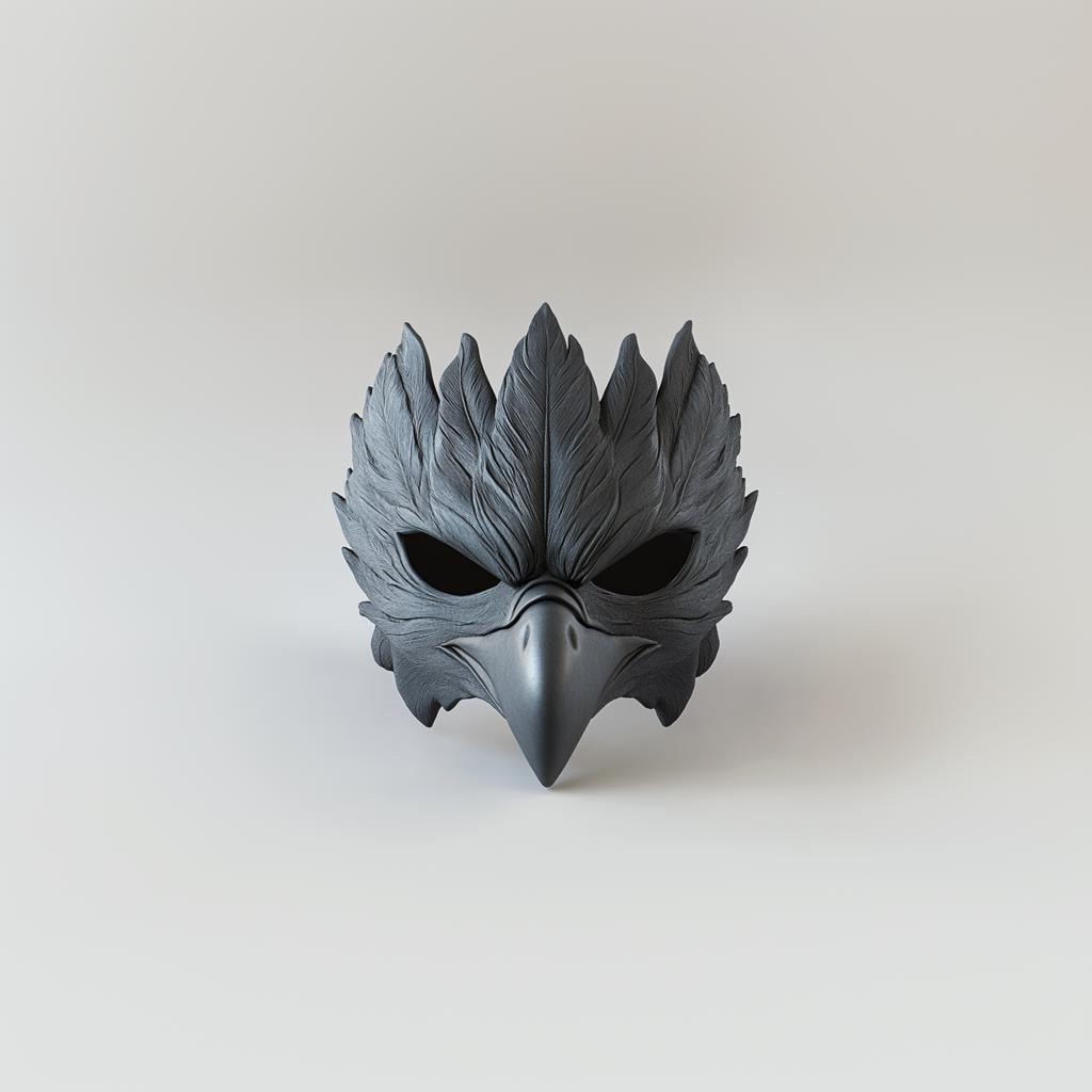 Black raven 3D-printed mask with feathered texture, ideal for cosplay and gothic-themed events.