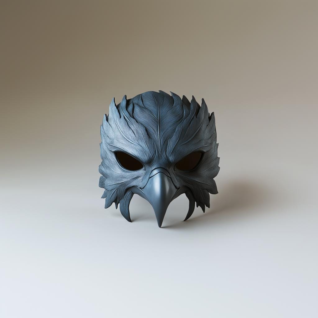 Gothic raven mask with feathered texture and beak design for cosplay and dark fantasy costumes.