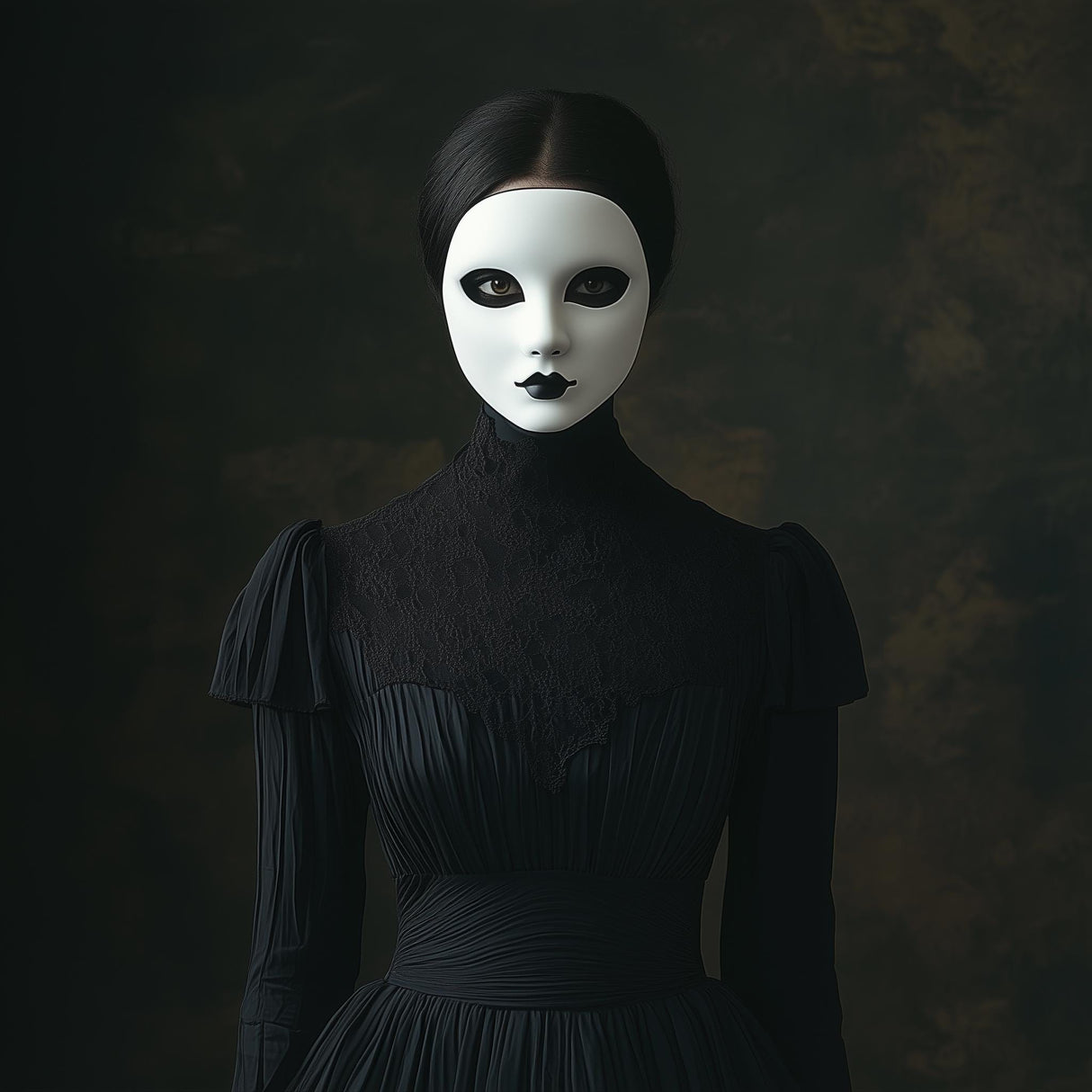 Elegant gothic woman wearing a white phantom mask and dark Victorian dress, perfect for masquerade and Halloween.