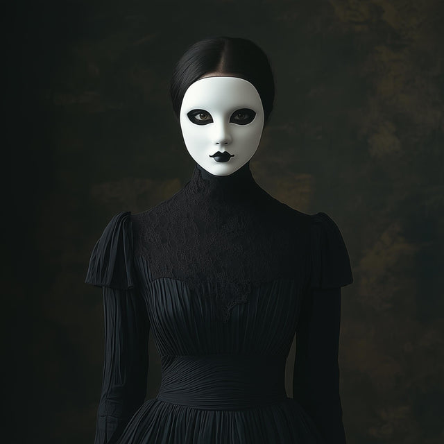 Elegant gothic woman wearing a white phantom mask and dark Victorian dress, perfect for masquerade and Halloween.