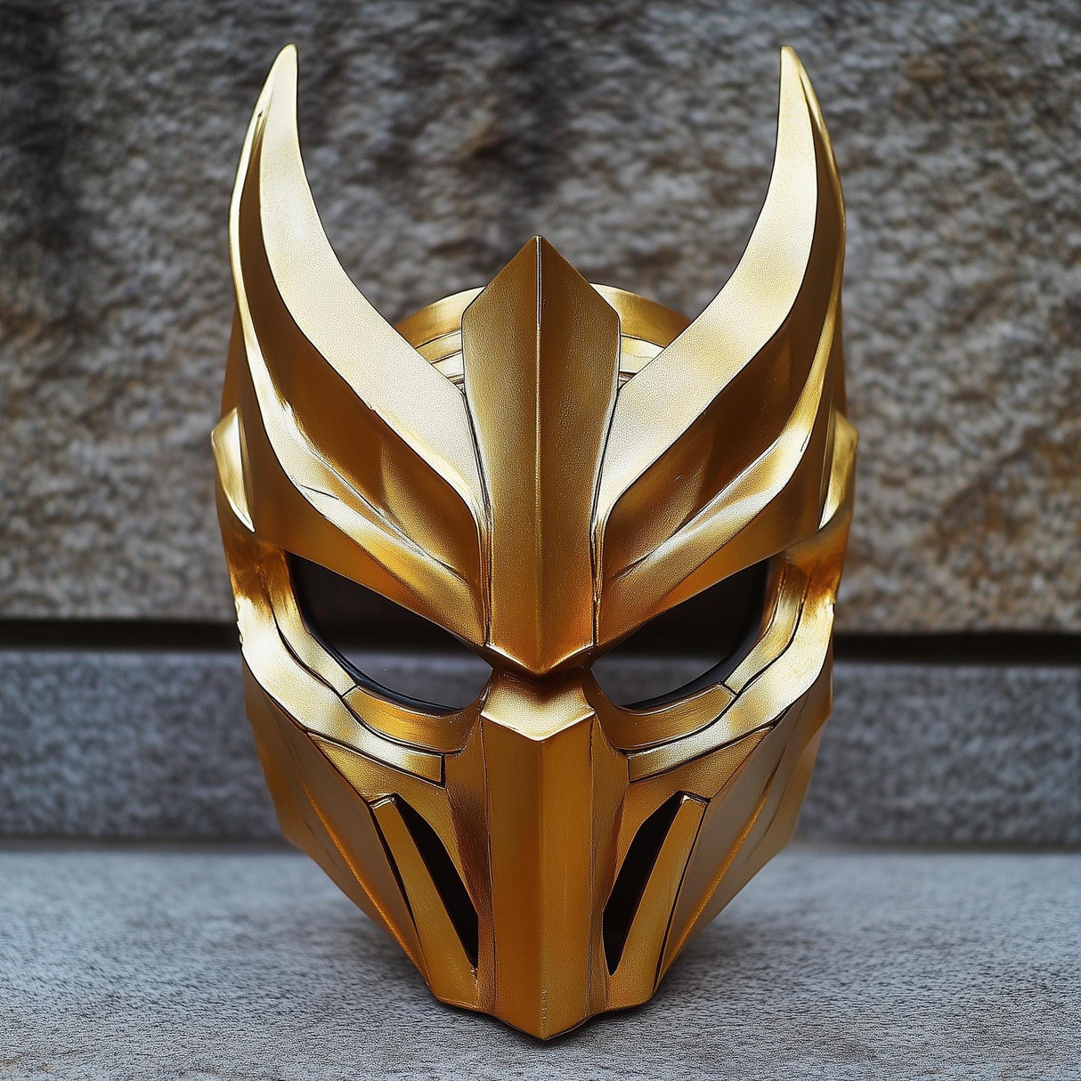 Golden 3D-printed warrior samurai demon mask for cosplay and medieval fantasy events.