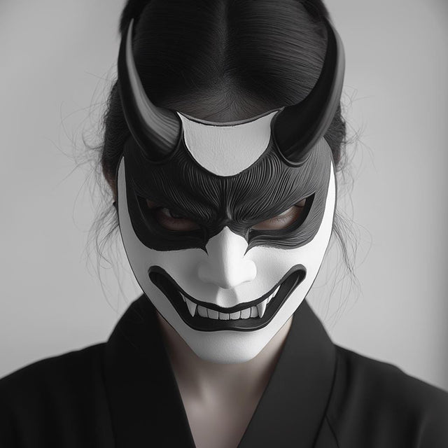 3D printed Oni mask worn by a person, featuring fierce design inspired by Japanese folklore and samurai culture.
