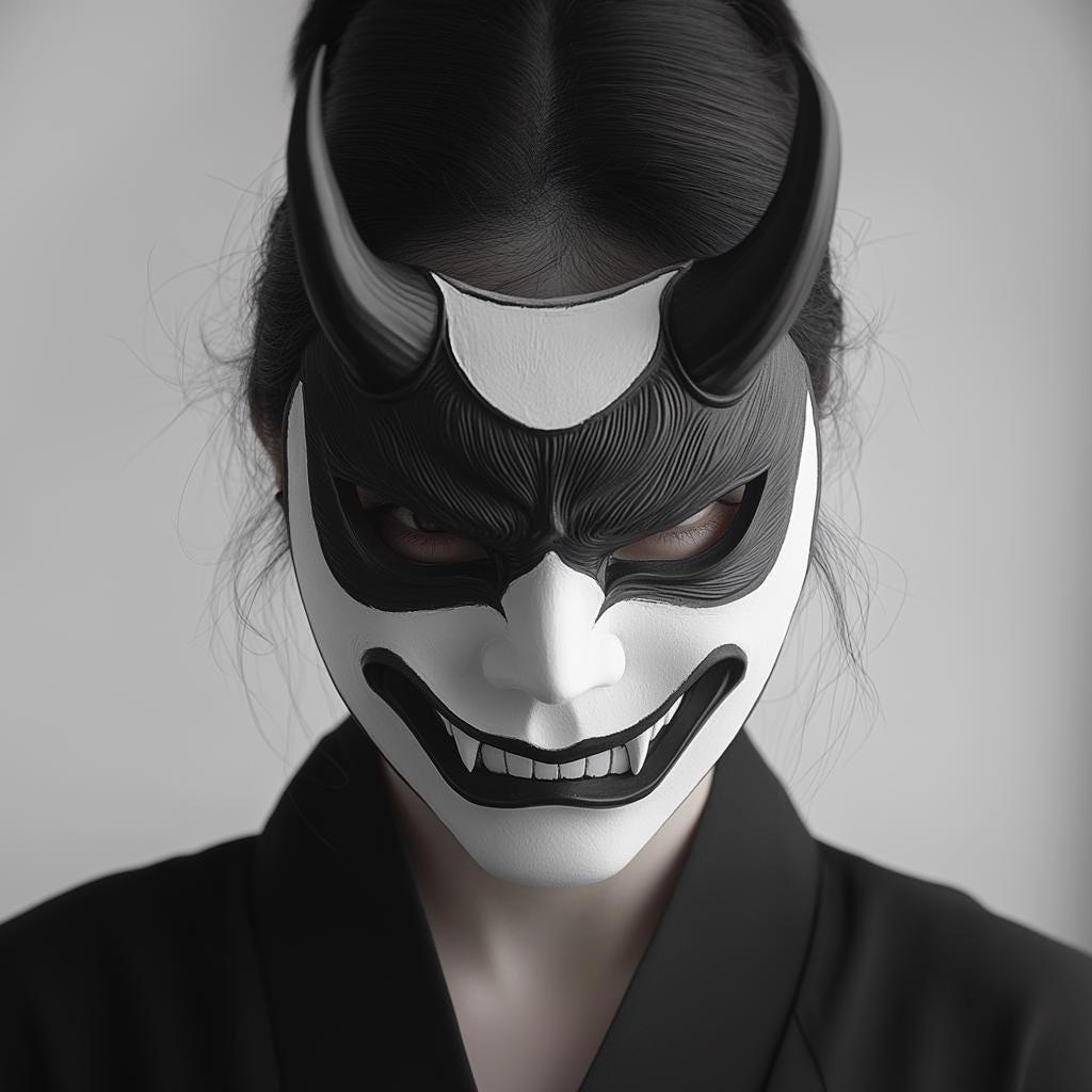 3D printed Oni mask worn by a person, inspired by Japanese folklore and samurai culture, perfect for cosplay and Halloween.