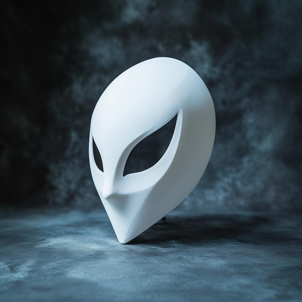 3D printed white alien mask with minimalist design for sci-fi cosplay and theatrical performances