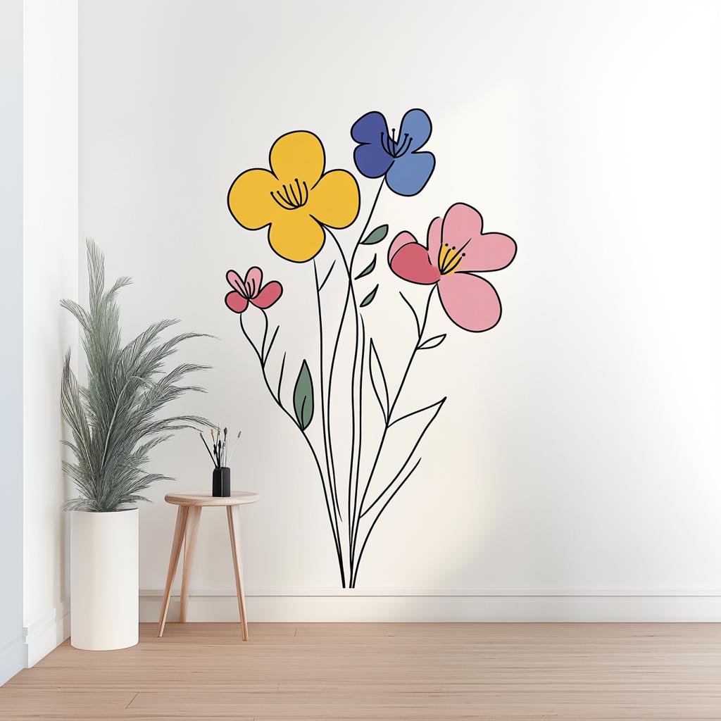 Minimalist Floral Wall Decal | Boho Botanical Wall Art | Line Art Flower Sticker | Colorful Vinyl Mural Aesthetic Room Decor Home Accent
