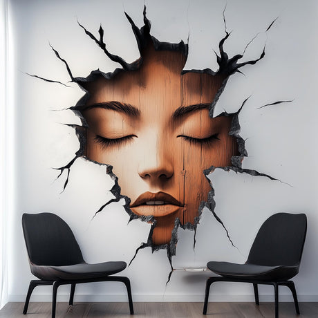 3D cracked wall face decal featuring a hyper-realistic female face, perfect for modern home decor.