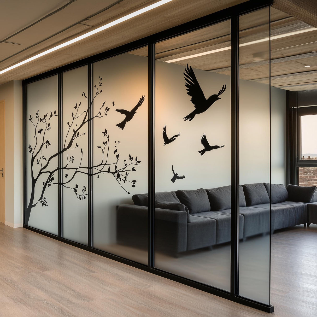 Bird tree window decal on glass office walls featuring flying birds and a modern aesthetic, enhancing privacy and decor.