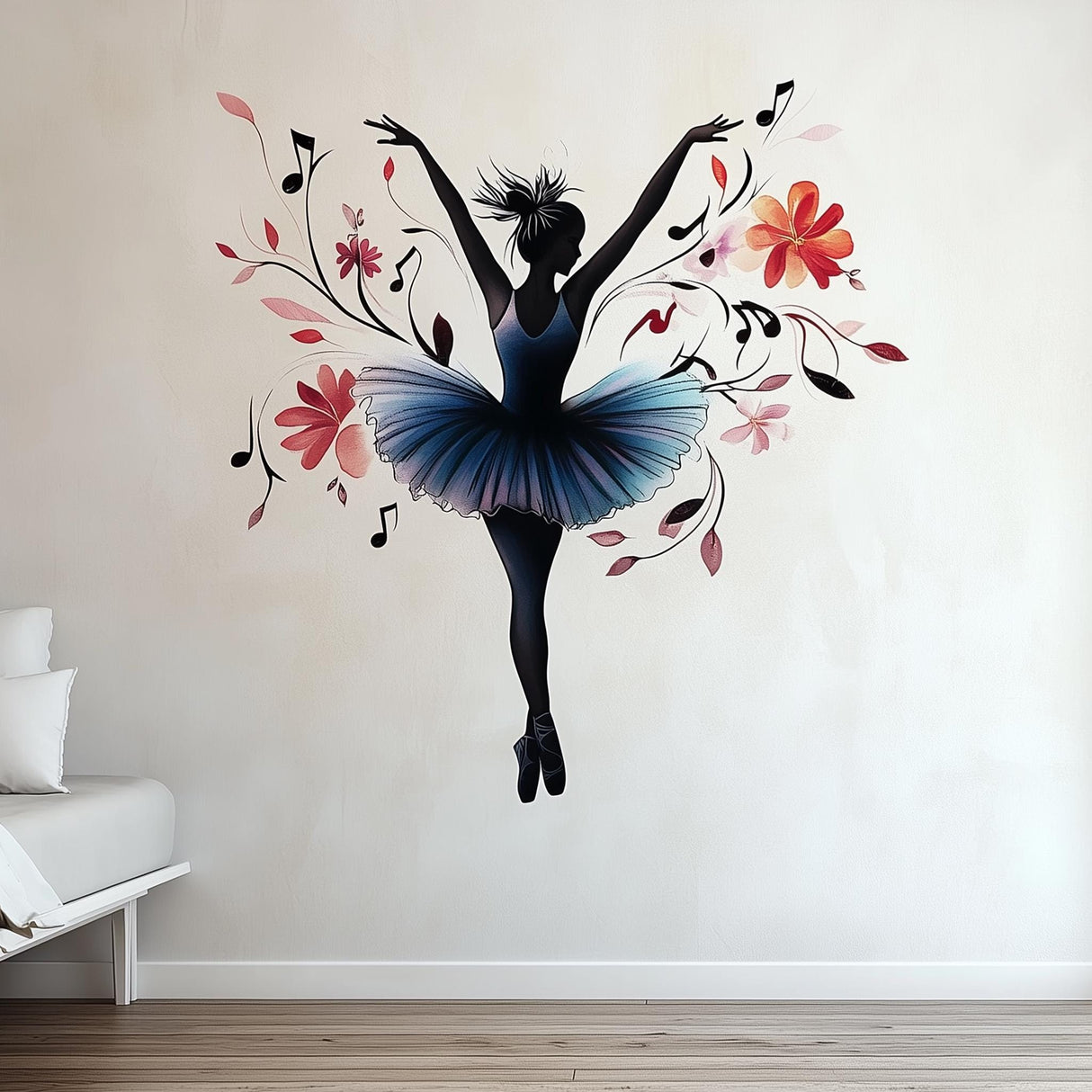 Elegant ballerina wall decal with floral accents and musical notes in a stylish bedroom setting.