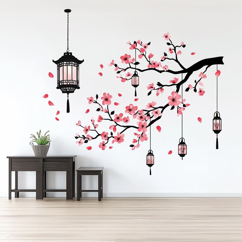 Cherry blossom wall decal with Asian lanterns, elegantly enhancing home decor in a stylish room.