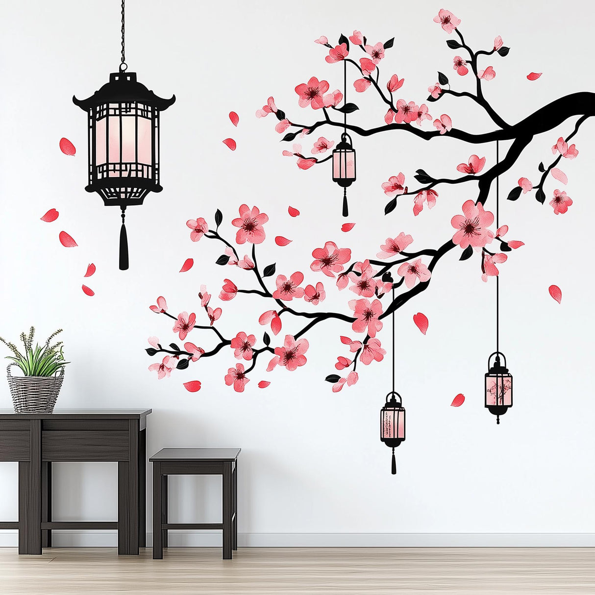 Cherry blossom wall decal with lanterns, pink petals, and elegant design for Japanese-inspired home decor.
