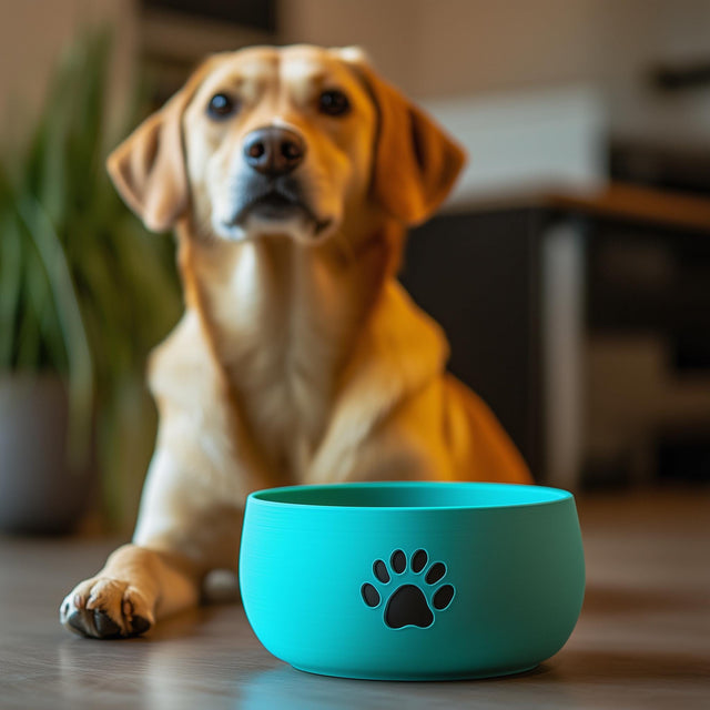 Modern teal 3D-printed dog bowl with paw print design, beside a golden retriever in a stylish home setting.