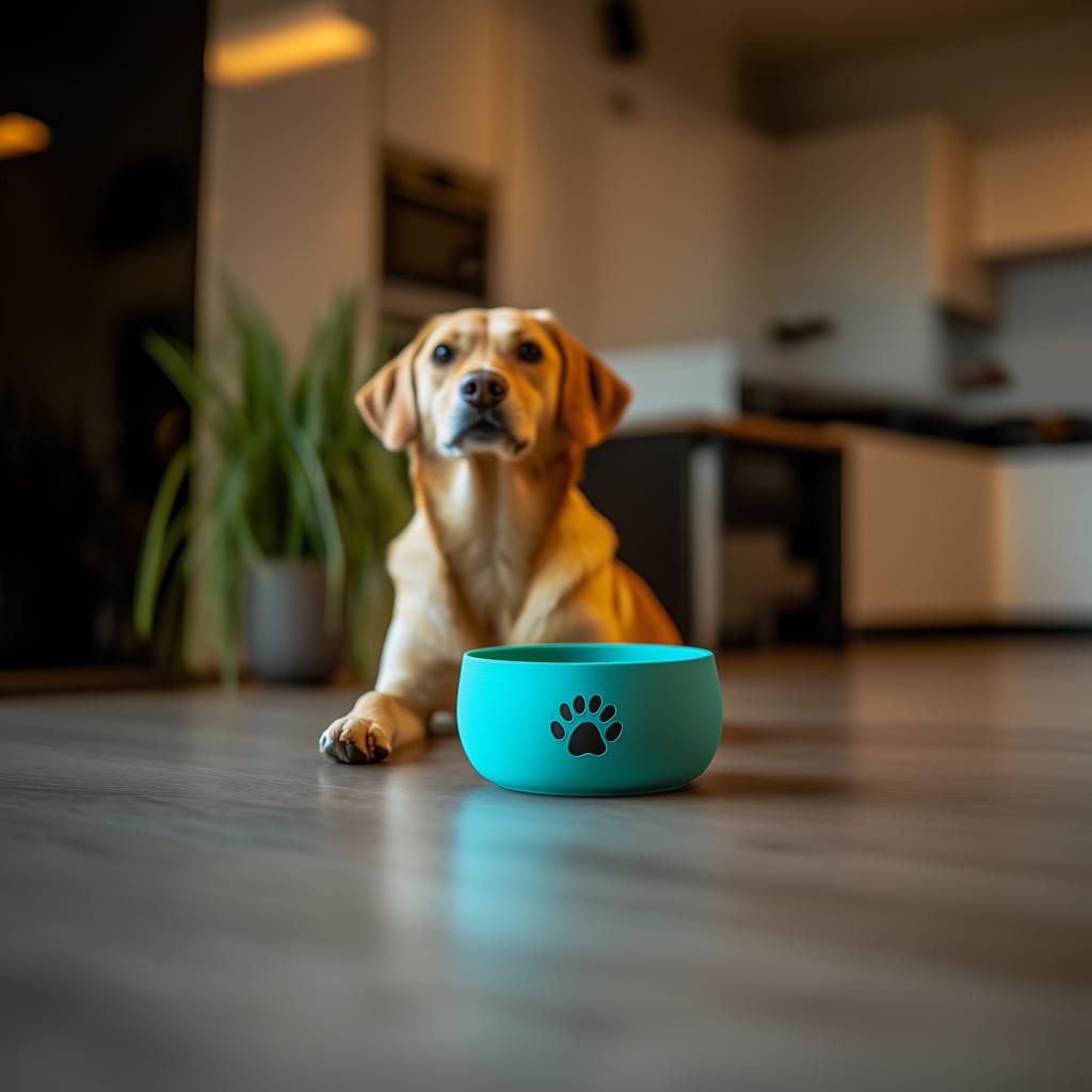 3D-printed modern dog bowl in turquoise color with a paw print, placed near a dog in a stylish home setting.