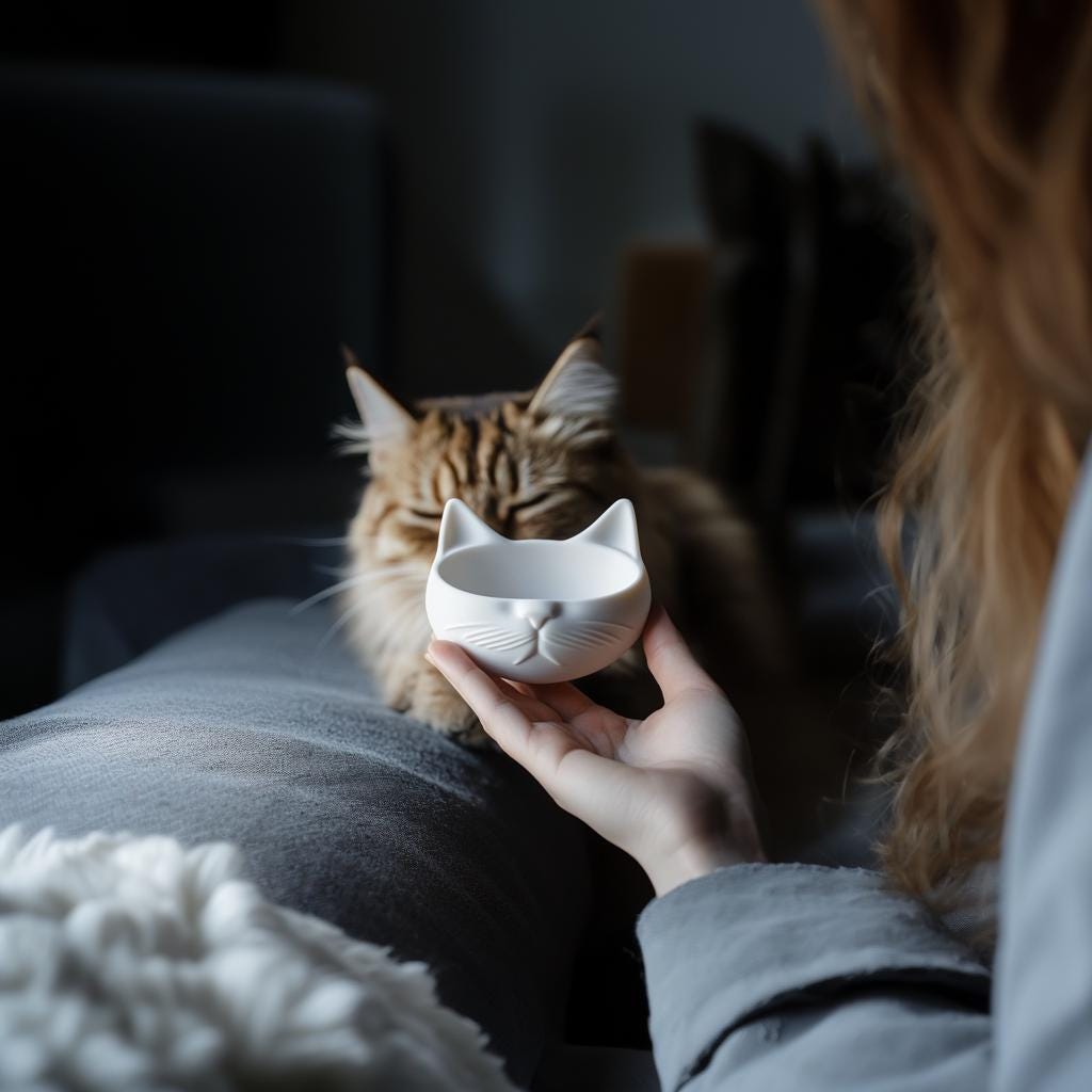 Person holding a cute 3D-printed cat bowl next to a cat on a couch, showcasing a modern pet dish design.