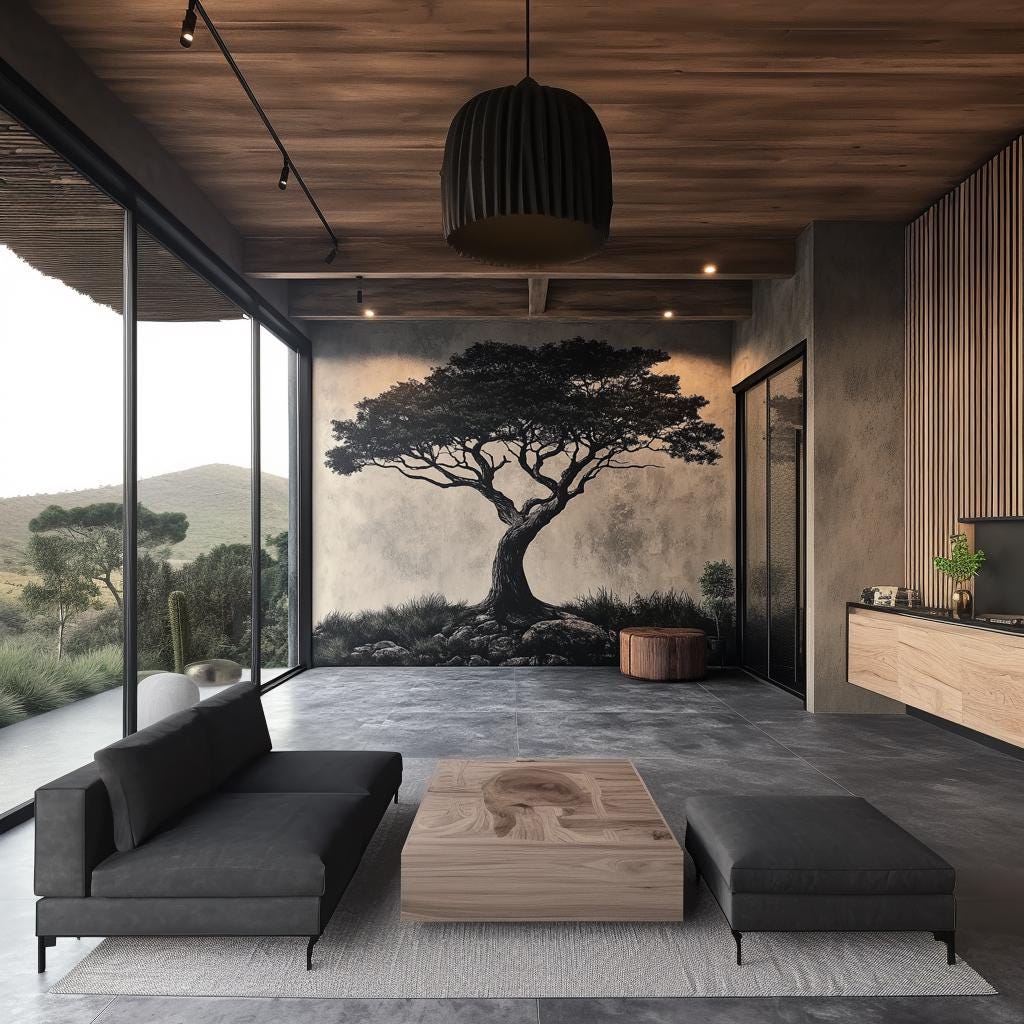 Elegant living room featuring a large tree wall decal with a bold black silhouette in a modern setting.