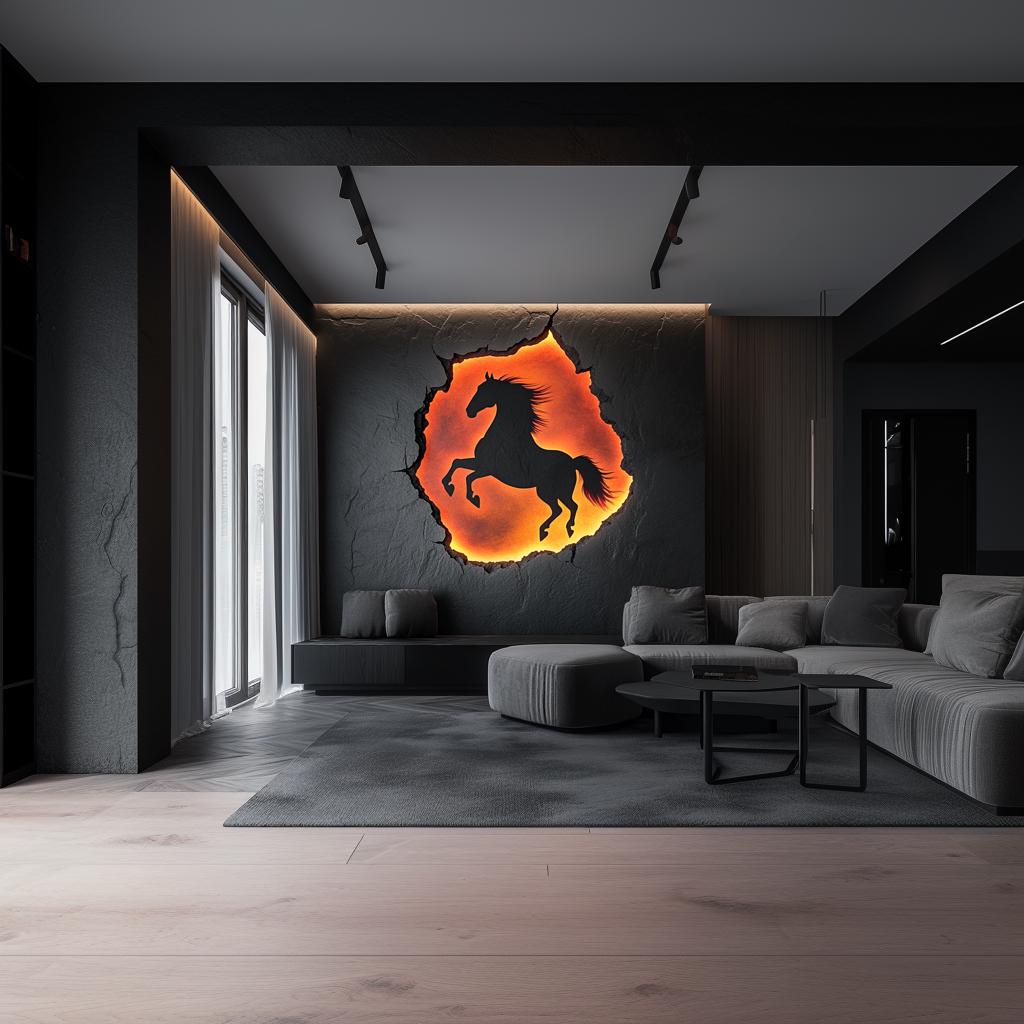 3D horse wall decal in modern living room, featuring a fiery cracked rock design for bold decor.