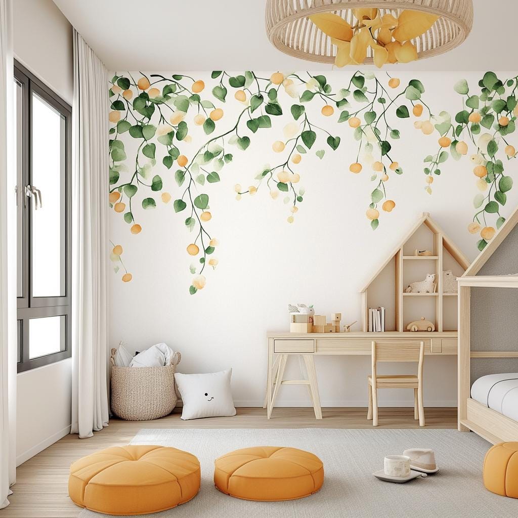 Watercolor Citrus Wall Decal | Orange Branch Peel & Stick Wallpaper | Nursery Wall Art Kids Room Decor | Botanical Mural | Wall Stickers