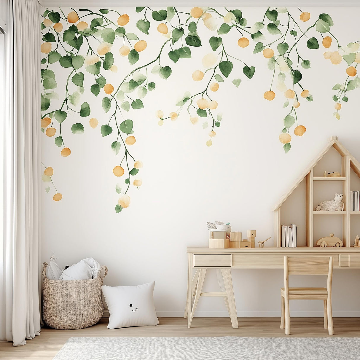 Watercolor citrus wall decal with green leaves and orange fruit in a cozy kids' room decor.