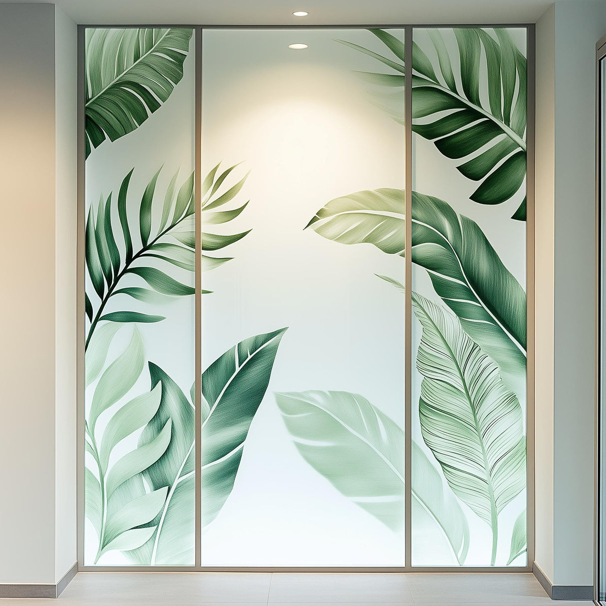 Tropical Leaf Frosted Glass Sticker design on office door, adding a botanical touch and privacy while allowing natural light.