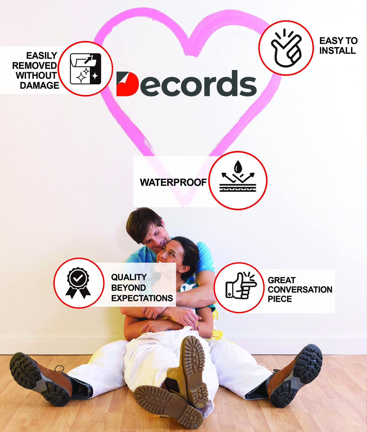 Couple sitting on the floor near Decords logo with features like waterproof, easy to install, and removable without damage.