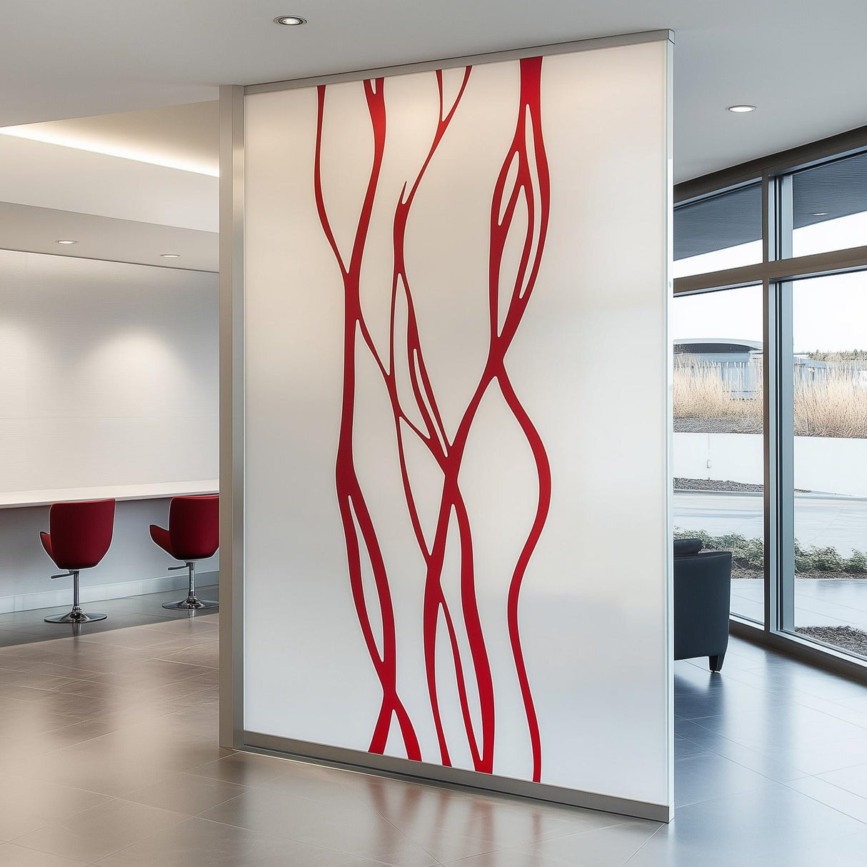 Abstract Line Frosted Glass Sticker in office interior design, adding style and privacy with modern red patterns.