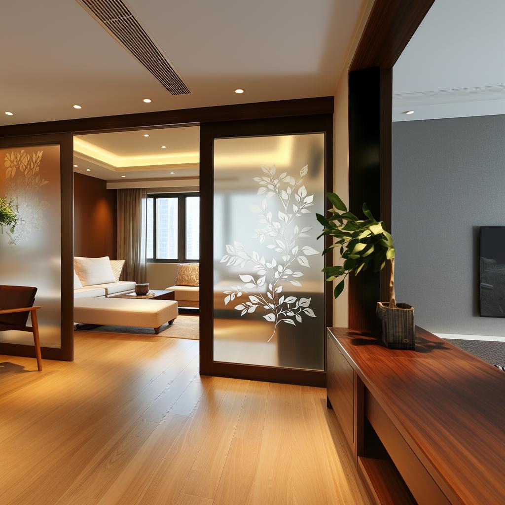 Elegant living space featuring a frosted glass sticker with an etched leaf design, enhancing privacy and style.