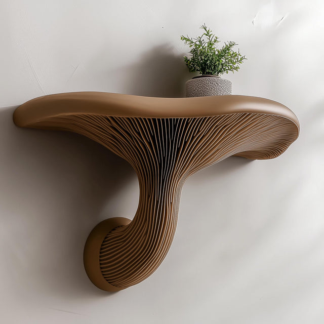3D printed mushroom floating wall shelf with plant, showcasing a unique organic design and modern decor