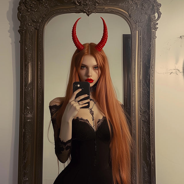 Woman in gothic attire wearing 3D printed red demon horns in front of a mirror, showcasing a striking cosplay look.
