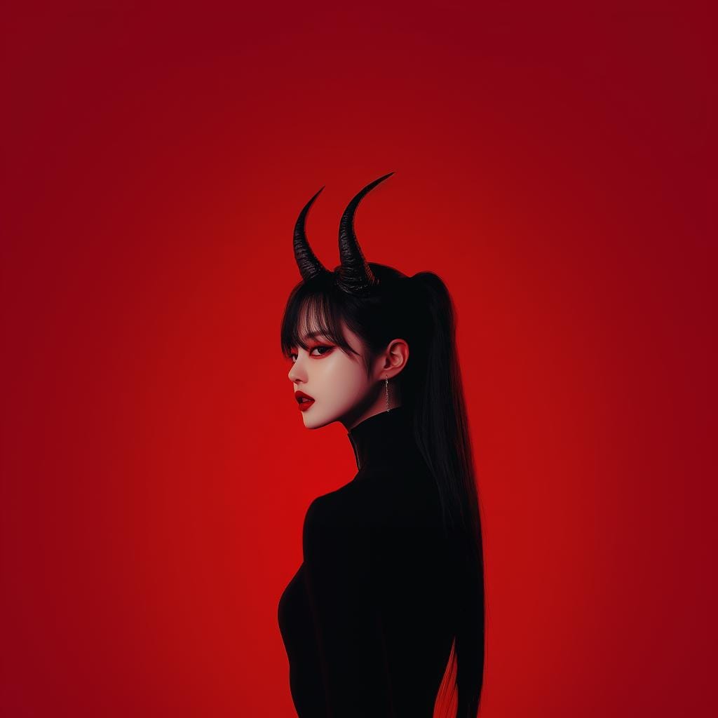 A model showcasing 3D printed demon horns on a dark backdrop, embodying a gothic, fantasy aesthetic.