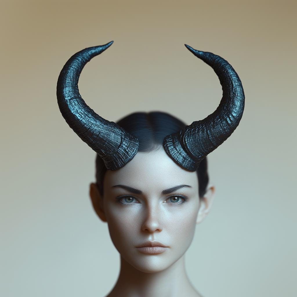 Curved 3D-printed demon horns on a model's head, ideal for gothic cosplay and Halloween costumes.