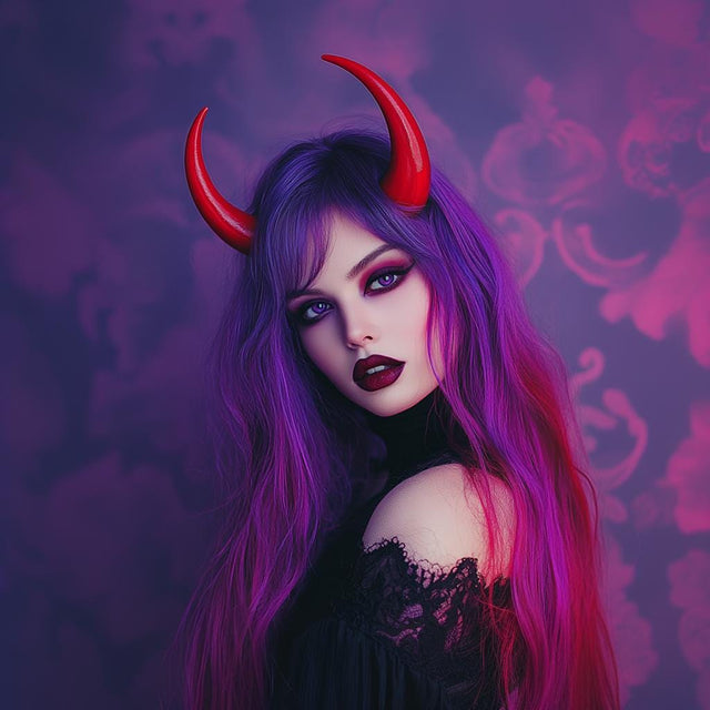 Woman with red demon horns headpiece and purple hair in gothic fashion, perfect for Halloween and cosplay.