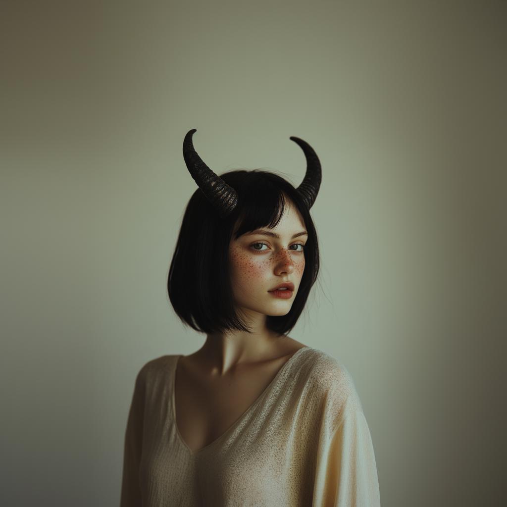 Model wearing 3D printed subtle demon horns for gothic cosplay, combining elegance and fantasy aesthetics.