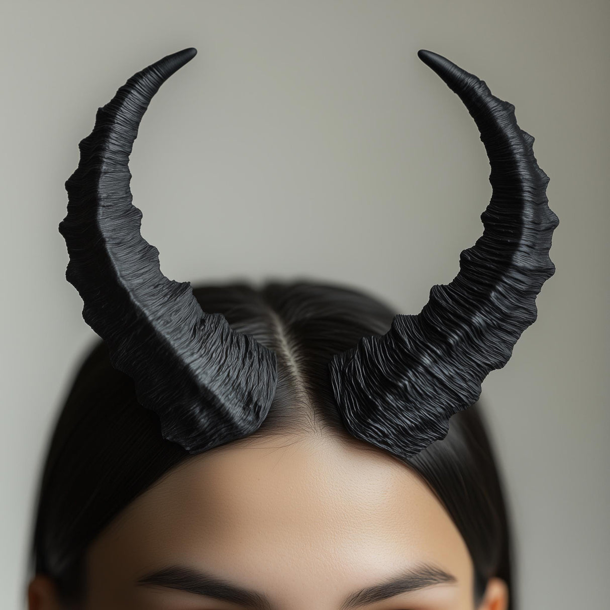 Textured black demon horns on a person, perfect for gothic cosplay, Halloween costumes, or LARP adventures.