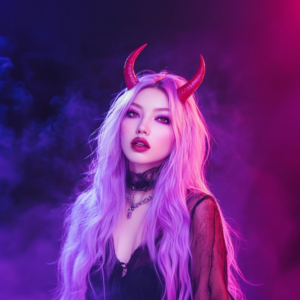 Woman with purple hair wearing 3D printed red demon horns, styled for fantasy cosplay and Halloween costume.
