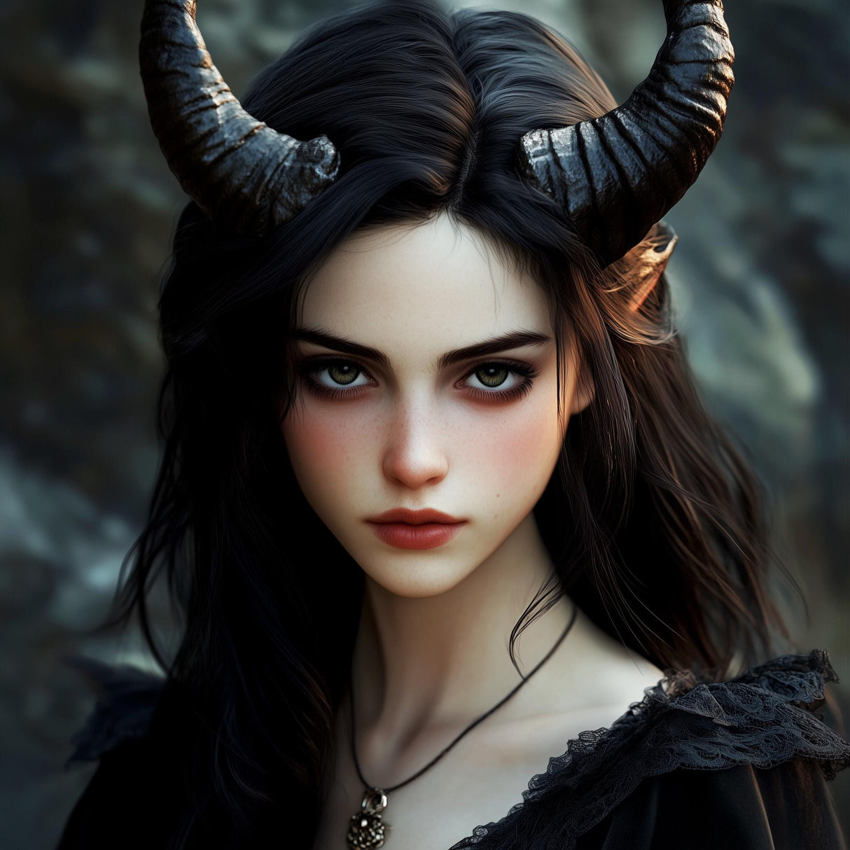 3D printed curved ram horns worn by a woman in a gothic outfit, enhancing a mystical fantasy look.