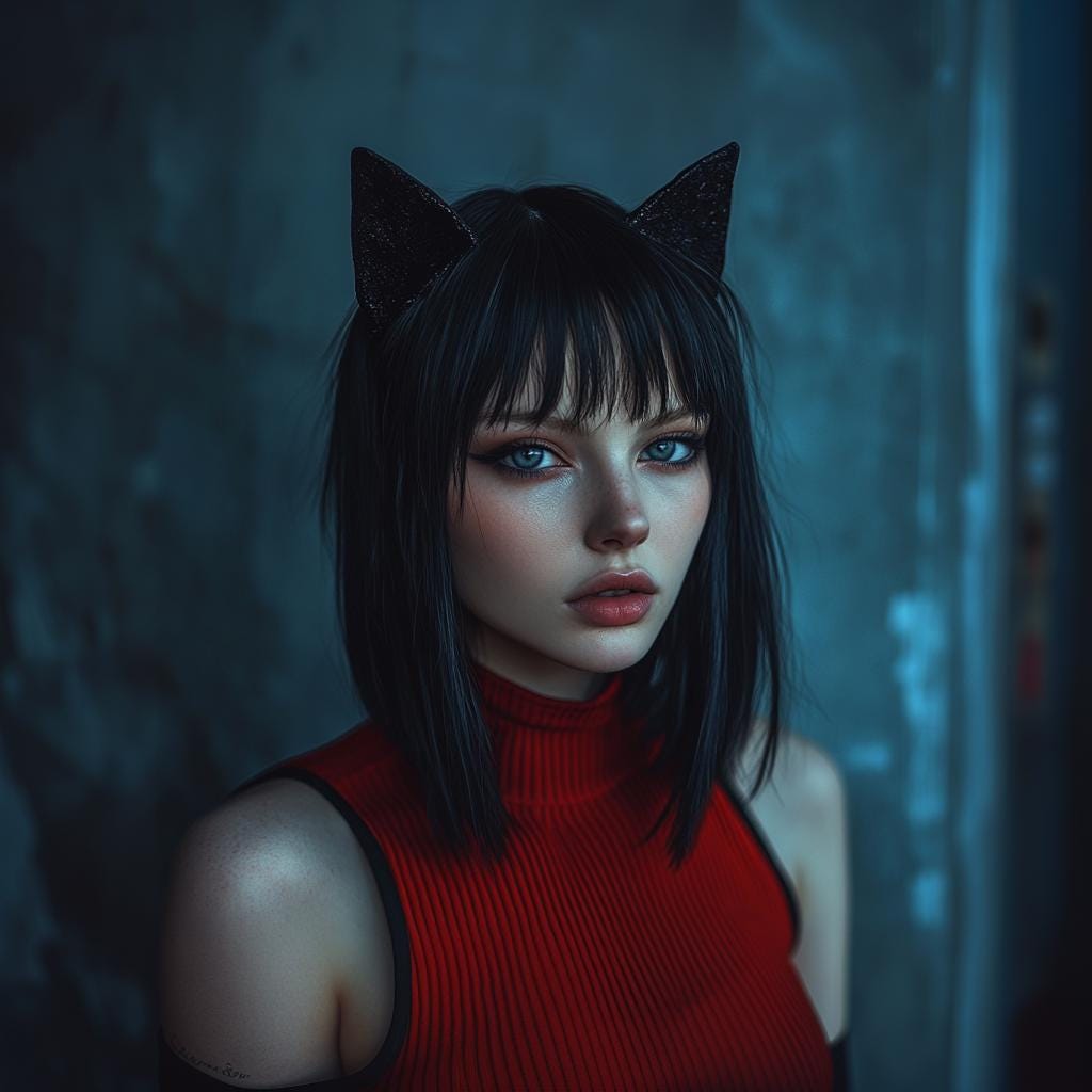 Model wearing gothic 3D printed cat ears headband with a red top, showcasing a stylish feline-inspired look.
